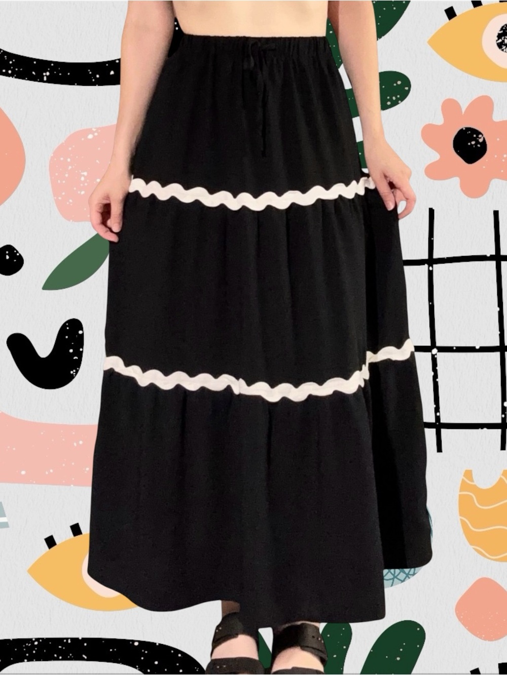 Black High Waisted Tiered Maxi Skirt with White Squiggle Accents